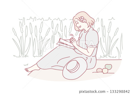 Woman sitting in field reading book Woman sitting in field reading book 133298842