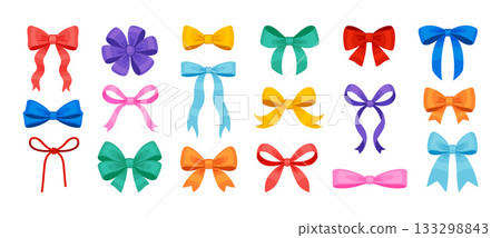 Colorful decorative bows in various shapes and styles. Bright flat style. Colorful decorative bows in various shapes and styles. Bright flat style. 133298843