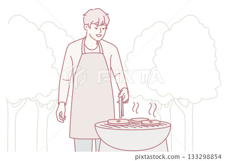 Man in apron cook meat outdoors Man in apron cook meat outdoors 133298854