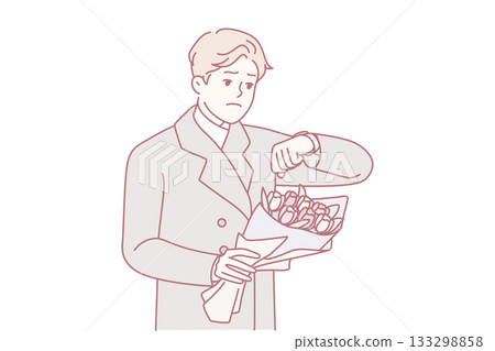 Upset man with flowers wait for date 133298858
