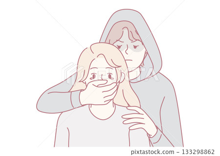 Man in hood close terrified woman mouth 133298862
