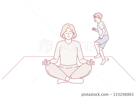Calm mother meditate at home with naughty kid Calm mother meditate at home with naughty kid 133298863