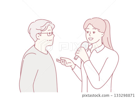 Female journalist interview elderly man 133298871