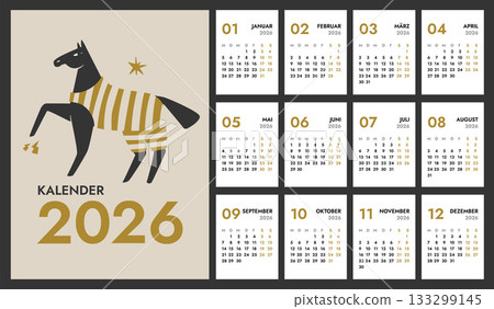 2026 full monthly vertical A4 calendar template with Horse on cover. German months names 133299145