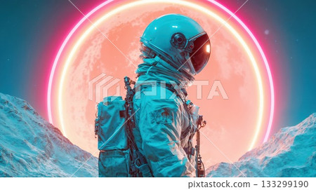 Astronaut explorer standing on alien planet surface with glowing portal ring and dramatic mountain landscape during cosmic journey adventure mission 133299190
