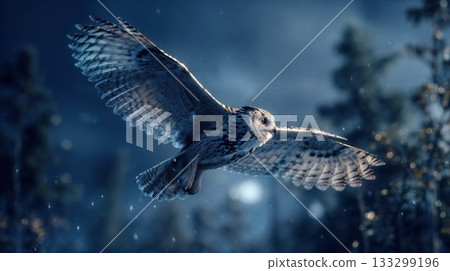 Majestic owl gliding through snowy winter forest with wings spread wide, showcasing detailed feathers and intense golden eyes in atmospheric blue light 133299196