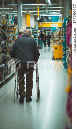 Elderly person walking with crutches through supermarket aisle from behind perspective showing independence and mobility assistance in daily shopping routine 133299267