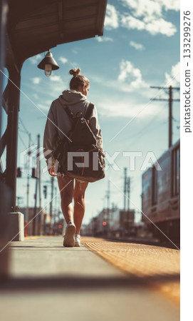 Young woman traveler with backpack standing on sunny train platform waiting for departure. Solo female tourist in casual outfit ready for adventure journey with luggage and bright blue sky overhead 133299276