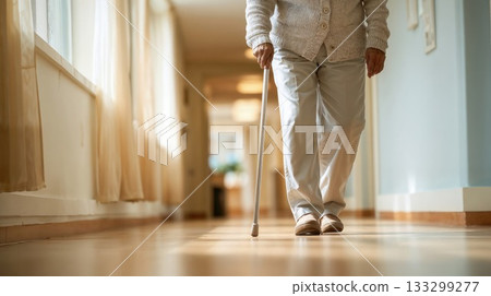 Senior person using walking cane for mobility support while walking down bright hallway at home with natural light and wooden floor Senior person using walking cane for mobility support while walking down bright hallway at home with natural light and wooden floor 133299277