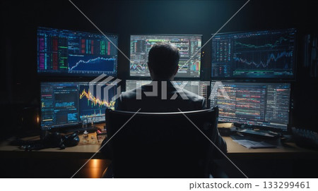 Professional trader analyzing multiple financial market charts on six monitor screens in dark trading room office workspace 133299461