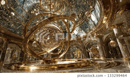 Magnificent golden celestial structure with spherical elements and starfield creating luxurious cosmic architectural space with marble columns and reflective surfaces 133299464