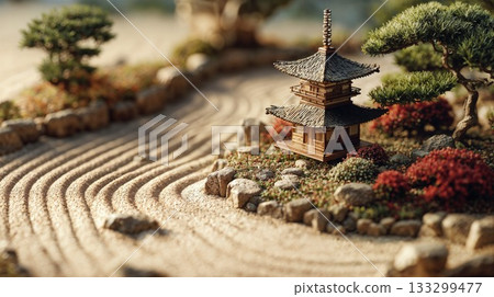 Miniature zen garden with traditional japanese pagoda temple surrounded by raked sand patterns colorful plants and bonsai trees creating tranquil meditation space Miniature zen garden with traditional japanese pagoda temple surrounded by raked sand patterns colorful plants and bonsai trees creating tranquil meditation space 133299477