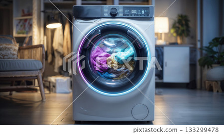 Modern front load washing machine with colorful laundry spinning inside illuminated drum in contemporary home interior during active wash cycle operation Modern front load washing machine with colorful laundry spinning inside illuminated drum in contemporary home interior during active wash cycle operation 133299478