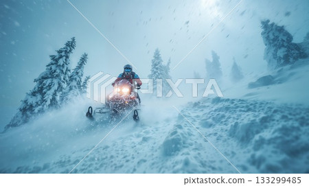 Snowmobile rider navigating through intense blizzard conditions in snowy mountain forest with headlights cutting through blowing snow 133299485