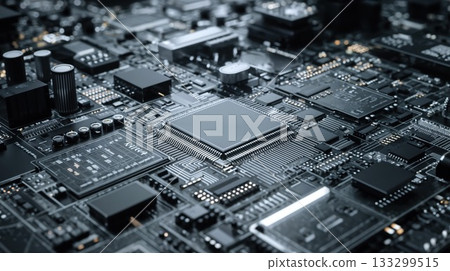 Detailed close-up of modern printed circuit board featuring intricate microchips, processors, and electronic components, representing cutting-edge semiconductor and computer hardware technology Detailed close-up of modern printed circuit board featuring intricate microchips, processors, and electronic components, representing cutting-edge semiconductor and computer hardware technology 133299515