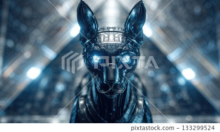 Futuristic metallic robot cat with glowing blue eyes and sleek black design in modern technological environment. Artificial intelligence concept imagery Futuristic metallic robot cat with glowing blue eyes and sleek black design in modern technological environment. Artificial intelligence concept imagery 133299524