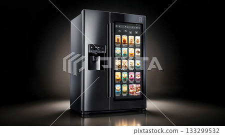 Modern luxury smart refrigerator with interactive touchscreen display showing various food and beverage options in sleek stainless steel kitchen appliance design Modern luxury smart refrigerator with interactive touchscreen display showing various food and beverage options in sleek stainless steel kitchen appliance design 133299532