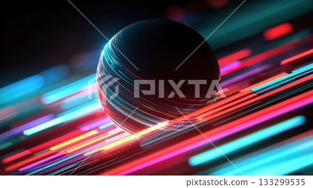 Abstract futuristic sphere with dynamic light trails in neon red, blue and purple colors creating motion blur effect against dark background Abstract futuristic sphere with dynamic light trails in neon red, blue and purple colors creating motion blur effect against dark background 133299535