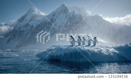 Five chinstrap penguins stand together on a blue ice floe in Antarctic waters with dramatic snow-covered mountains rising through mist in the background Five chinstrap penguins stand together on a blue ice floe in Antarctic waters with dramatic snow-covered mountains rising through mist in the background 133299536