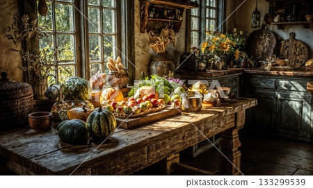 Rustic farmhouse kitchen interior with abundant fresh autumn harvest vegetables fruits and pumpkins displayed on weathered wooden table near sunny windows with vintage decor Rustic farmhouse kitchen interior with abundant fresh autumn harvest vegetables fruits and pumpkins displayed on weathered wooden table near sunny windows with vintage decor 133299539