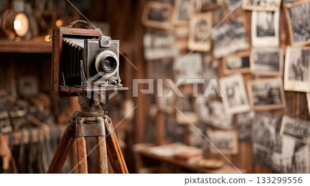 Vintage bellows camera on wooden tripod in nostalgic photography studio filled with old photographs, evoking timeless artistry, traditional craftsmanship, and photographic heritage preservation 133299556