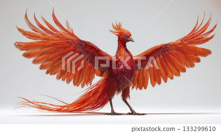 Magnificent phoenix bird with spread wings in vibrant orange and red plumage against clean white background showing mythical creature 133299610
