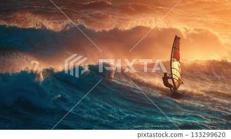 Windsurfer riding dramatic ocean waves during golden sunset with powerful spray and glowing sky creating epic adventure sports moment 133299620
