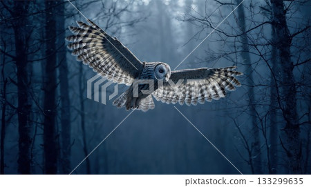 A majestic owl soaring through a mystical, moonlit forest, its wings spread wide against the dark, ethereal trees and foggy atmosphere A majestic owl soaring through a mystical, moonlit forest, its wings spread wide against the dark, ethereal trees and foggy atmosphere 133299635