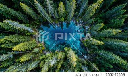 Aerial view of pristine turquoise blue pool surrounded by dense evergreen forest. Crystal clear mountain water nestled among tall green pine trees from above 133299639