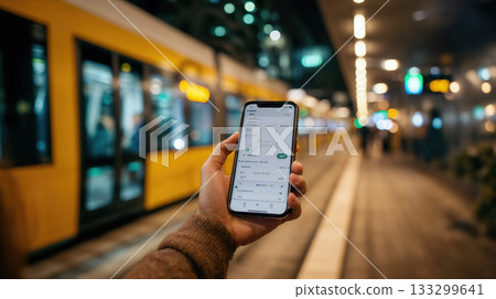 Urban commuter holding smartphone displaying transit map app at night city tram station. Person checking public transportation route navigation on mobile device 133299641