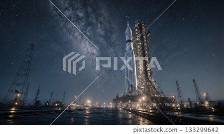 Illuminated rocket on launch pad under starry night sky with Milky Way galaxy visible. Dramatic space exploration scene with futuristic spacecraft ready for liftoff 133299642