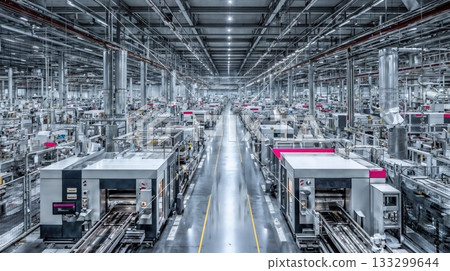 State-of-the-art automated manufacturing plant with advanced machinery and wide aisles, showcasing precision industrial equipment in a clean, well-lit production environment 133299644