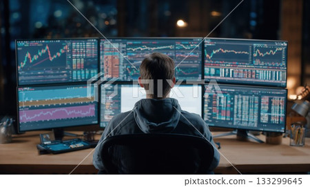 Professional trader analyzing stock market data on multiple monitors displaying charts, graphs, and real-time financial information in a sophisticated trading environment 133299645
