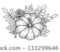 Pumpkin with maple leaves, rowan berries and rose hips. Hand-drawn botanical vector illustration. Black line art. Autumn garden composition for seasonal holidays, festivals and Thanksgiving. 133299646