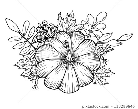 Pumpkin with maple leaves, rowan berries and rose hips. Hand-drawn botanical vector illustration. Black line art. Autumn garden composition for seasonal holidays, festivals and Thanksgiving. 133299646