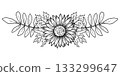 Sunflower flower with maple leaves. Autumn banner and frame. Botanical vector art. Black graphic illustration, hand-drawn using line art. Suitable for logos, tattoo sketches, seasonal projects. 133299647