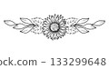 Autumn frame, banner and background. Sunflower flower with leaves. Botanical vector illustration. Hand drawn black graphics. Seasonal holiday design. Thanksgiving. Rustic wedding. 133299648