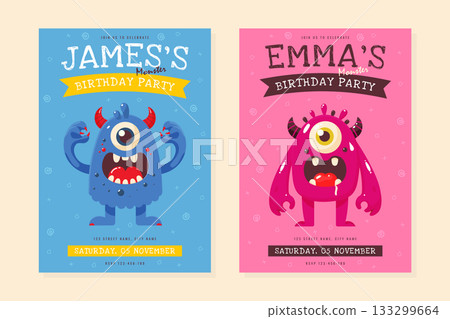 Cute Monster Kids Birthday Party Invitation Template Set. Cute Monster Kids Birthday Party Invitation Template Set. 133299664