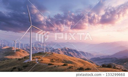Wind turbines generating renewable energy on scenic mountain landscape at sunset, sustainable power production with dramatic colorful sky and rolling hills Wind turbines generating renewable energy on scenic mountain landscape at sunset, sustainable power production with dramatic colorful sky and rolling hills 133299668