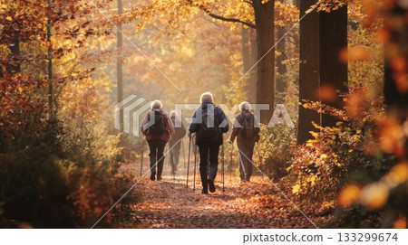 Senior hikers with backpacks and trekking poles walk through misty autumn forest trail surrounded by golden foliage and morning sunlight 133299674