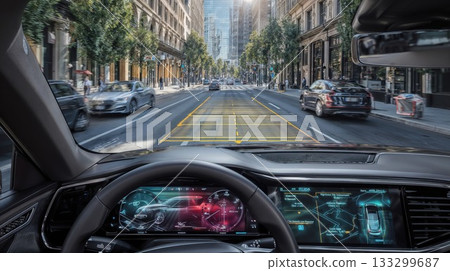 Futuristic autonomous vehicle dashboard with augmented reality navigation display driving through modern city street with advanced driver assistance technology Futuristic autonomous vehicle dashboard with augmented reality navigation display driving through modern city street with advanced driver assistance technology 133299687