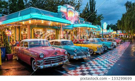 Vintage American diner with classic cars parked outside featuring neon lights and retro atmosphere at twilight creating nostalgic fifties scene 133299699