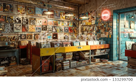 Vintage record store interior with colorful vinyl bins and retro posters covering walls creating authentic nostalgic music shop atmosphere with neon signage Vintage record store interior with colorful vinyl bins and retro posters covering walls creating authentic nostalgic music shop atmosphere with neon signage 133299700