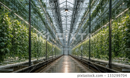 Modern vertical farming greenhouse interior with hydroponic plants growing under LED lights, showcasing sustainable agriculture technology and innovation Modern vertical farming greenhouse interior with hydroponic plants growing under LED lights, showcasing sustainable agriculture technology and innovation 133299704