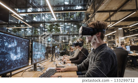 Modern office workspace with professionals using virtual reality headsets and computers for digital design, data visualization, and immersive technology development 133299712