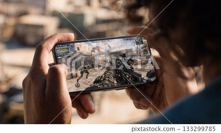 Person playing first-person shooter mobile game on smartphone with intense combat scene and weapon viewpoint in outdoor setting 133299785