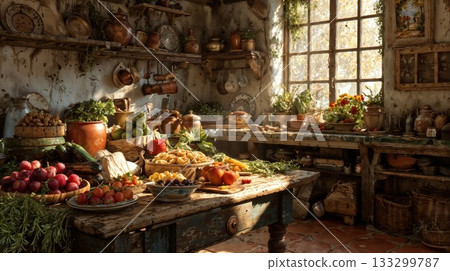 Rustic farmhouse kitchen interior with fresh organic vegetables, fruits, copper cookware and natural sunlight streaming through vintage window Rustic farmhouse kitchen interior with fresh organic vegetables, fruits, copper cookware and natural sunlight streaming through vintage window 133299787