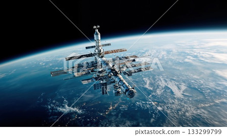 International Space Station orbiting Earth with blue planet horizon and solar panels visible in stunning orbital perspective against black space backdrop International Space Station orbiting Earth with blue planet horizon and solar panels visible in stunning orbital perspective against black space backdrop 133299799