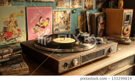 Vintage record player turntable with vinyl spinning on wooden shelf surrounded by retro posters speakers and nostalgic music memorabilia collection Vintage record player turntable with vinyl spinning on wooden shelf surrounded by retro posters speakers and nostalgic music memorabilia collection 133299814