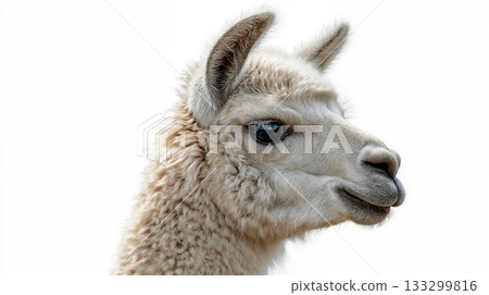 White llama alpaca portrait profile closeup with fluffy fur and gentle expression isolated on clean white background for commercial use 133299816